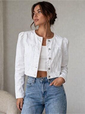 Blank NYC Cropped White Denim Jacket Puff Sleeve Utility Style Size S